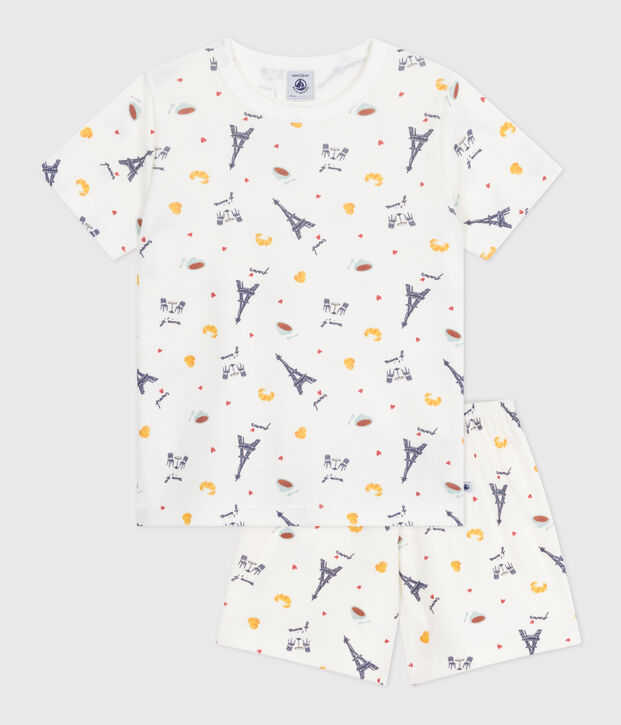 Pijama infantil corto de algod&oacute;n con estampado de Par&iacute;s blanco/multicolor
