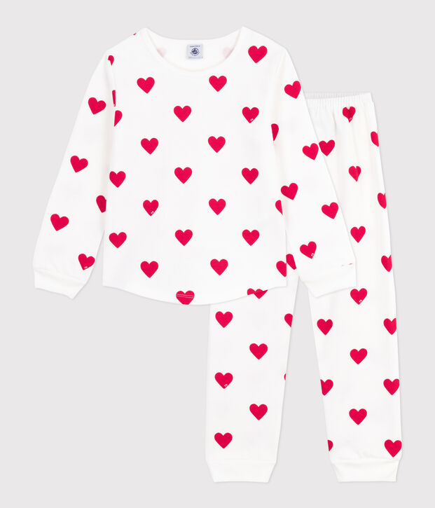 Pijama infantil de felpa con estampado de corazones blanco/rojo
