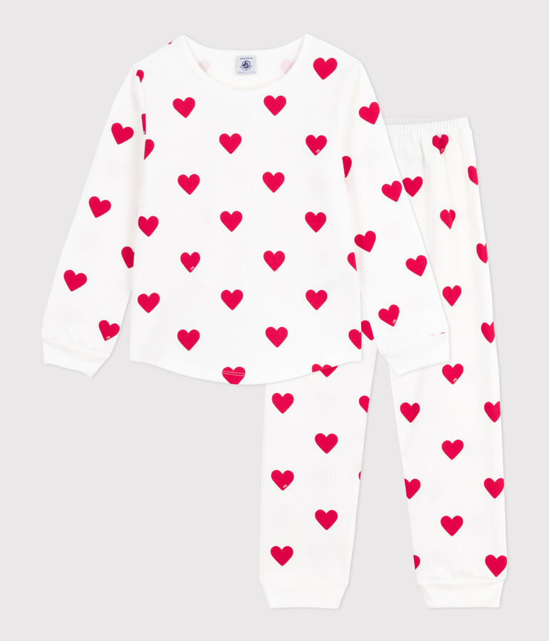 Pijama infantil de felpa con estampado de corazones blanco/rojo