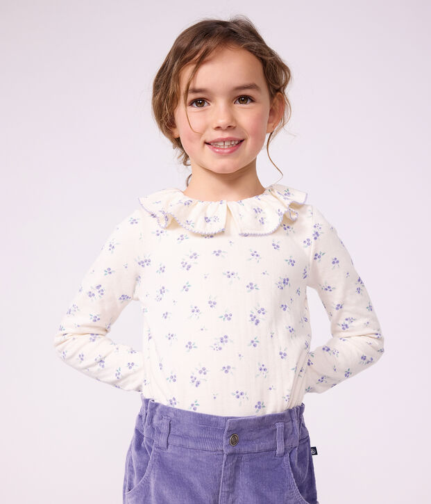 Camiseta infantil de algod&oacute;n de manga larga con flores y cuello crudo/multicolor