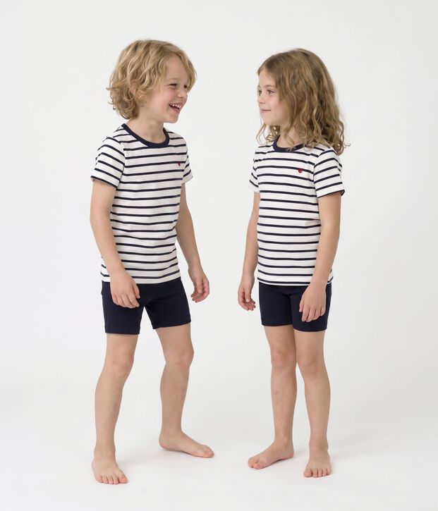 Pijama corto marinera de ni&ntilde;o de algod&oacute;n blanco/azul