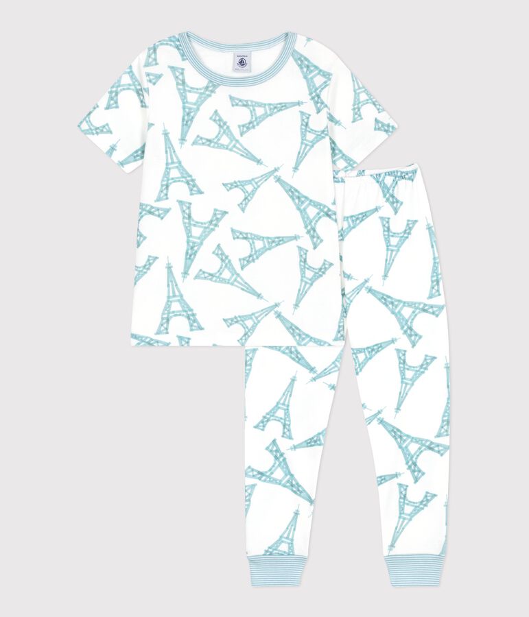 Pijama infantil de algod&oacute;n de manga corta y pierna larga Torre Eiffel blanco/multicolor