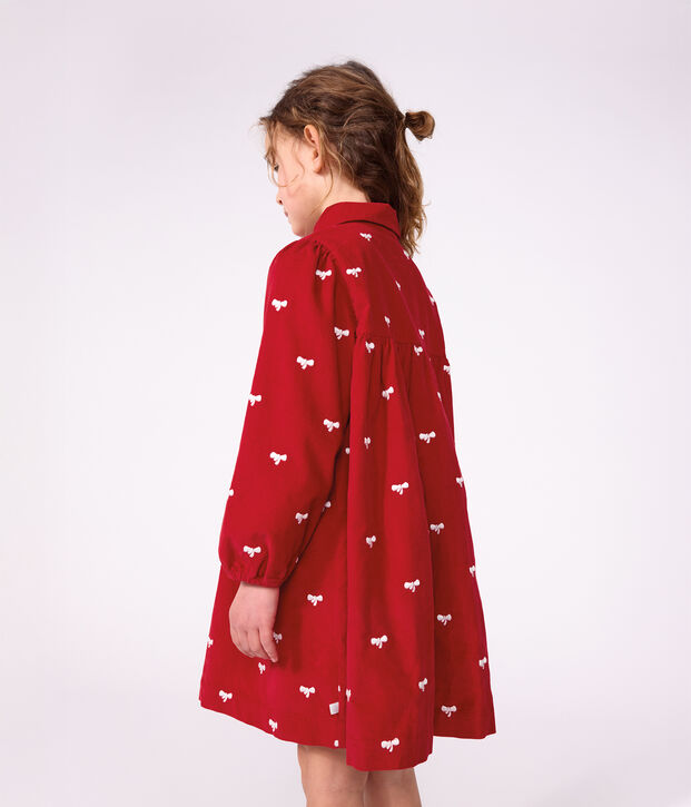 Vestido infantil de terciopelo de manga larga con estampado de lazos rojo/crudo