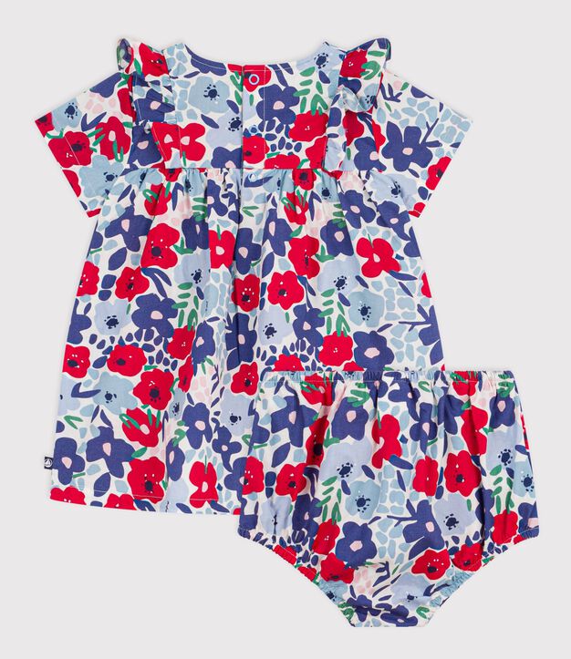 Vestido de algod&oacute;n de manga corta y pololo con estampado de flores para beb&eacute; blanco/multicolor