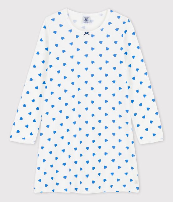 Camisón de manga larga con corazones azules de algodón de niña blanco MARSHMALLOW/azul BRASIER