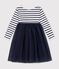 Vestido infantil de algod&oacute;n y tul de manga larga a rayas blanco/azul