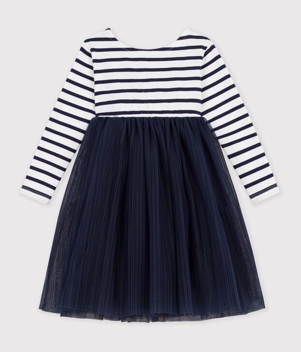 Vestido infantil de algod&oacute;n y tul de manga larga a rayas blanco/azul