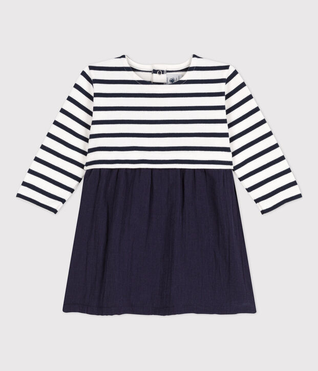 Vestido bimaterial de manga larga de beb&eacute; azul/blanco