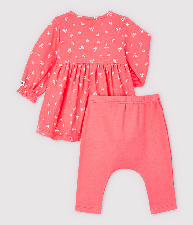 Vestido-leggings de cerezas de tejido tubular de algod&oacute;n ecol&oacute;gico de beb&eacute; naranja/rosa