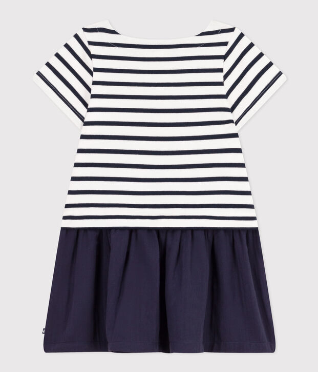 Vestido de manga corta de punto grueso y gasa de algod&oacute;n para ni&ntilde;a blanco/azul