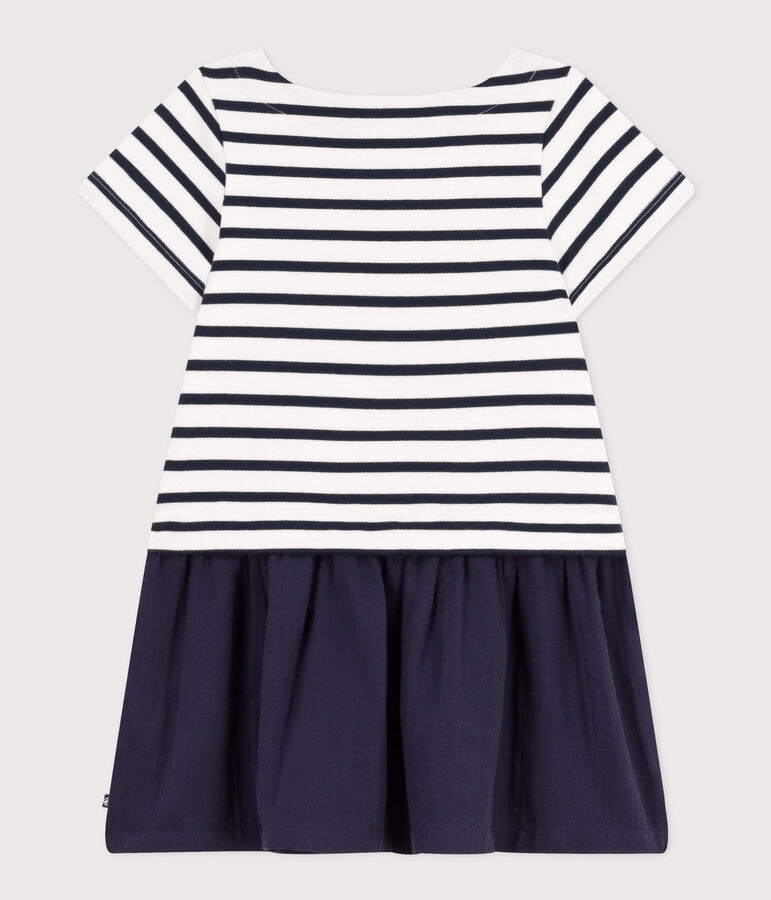 Vestido de manga corta de punto grueso y gasa de algod&oacute;n para ni&ntilde;a blanco/azul