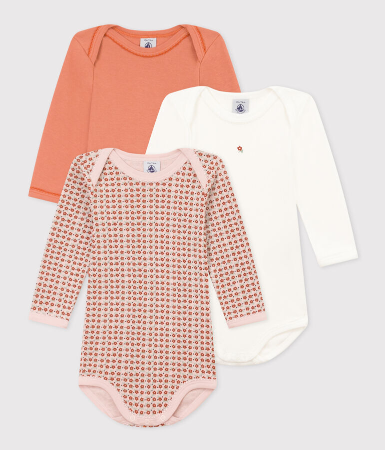 Juego de 3 bodis de algod&oacute;n de manga larga con flores para beb&eacute; multicolor