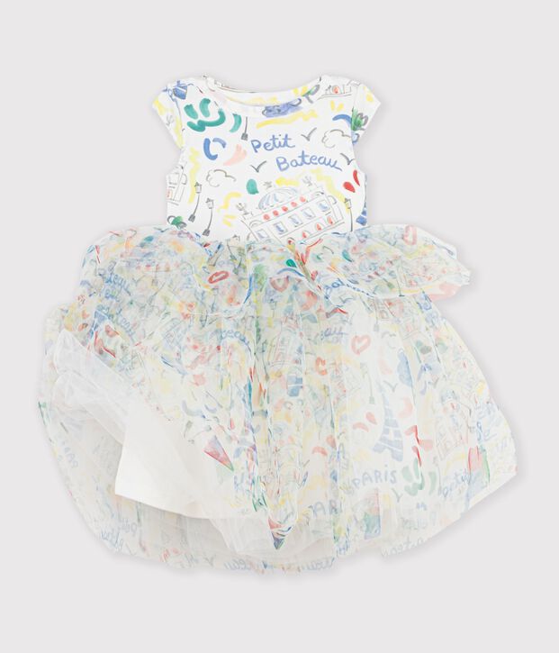 Vestido infantil de manga corta de algod&oacute;n y tul con estampado blanco/multicolor