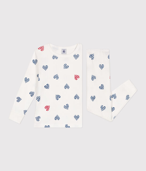 Pijama infantil de manga larga de algod&oacute;n con estampado de corazones blanco/multicolor