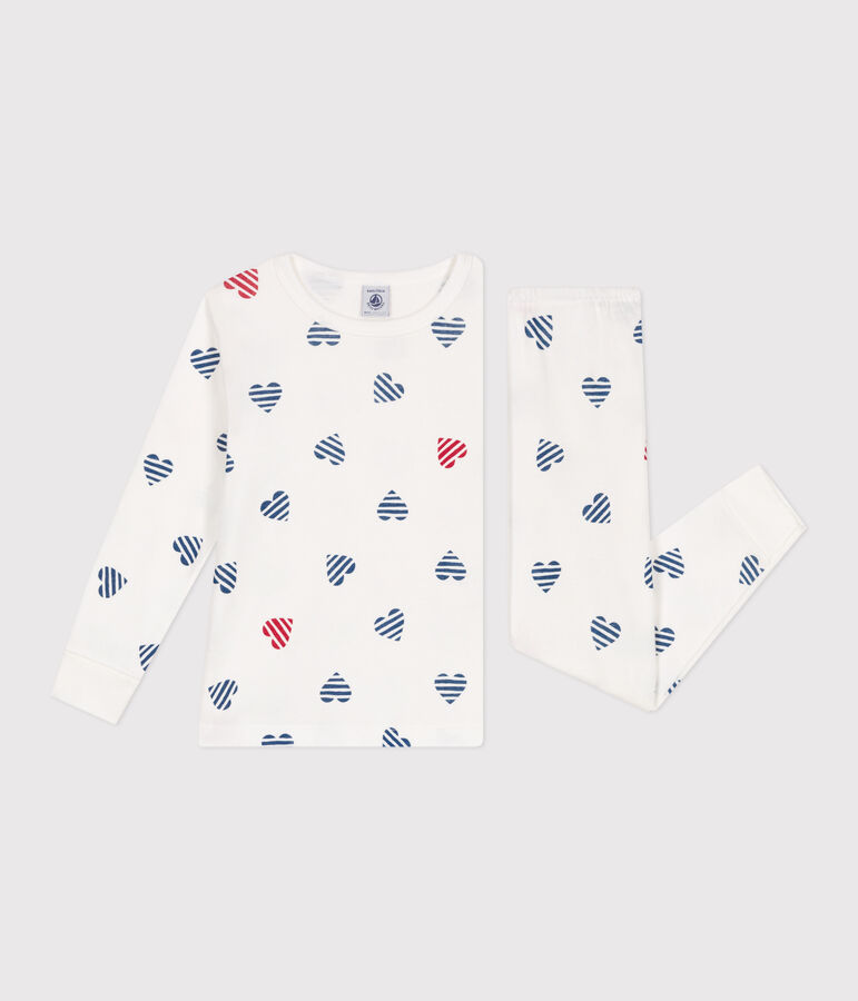 Pijama infantil de manga larga de algod&oacute;n con estampado de corazones blanco/multicolor