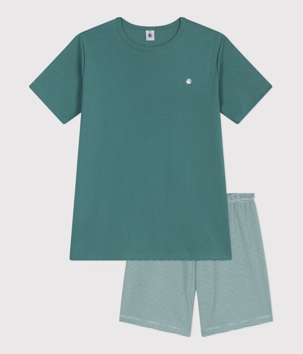 Pijama infantil corto de algod&oacute;n a rayas verde/blanco
