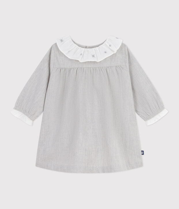 Vestido liso de franela de manga larga con cuello para beb&eacute; FUMEE CHINE
