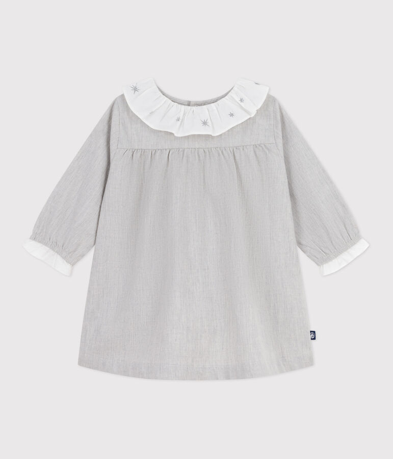 Vestido liso de franela de manga larga con cuello para beb&eacute; gris