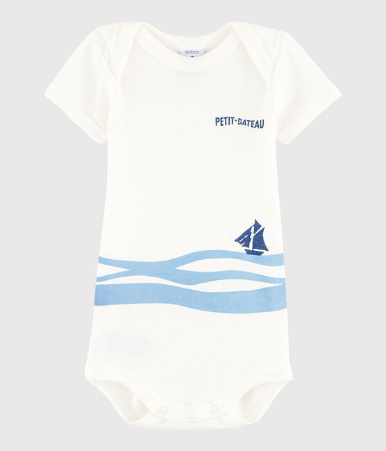 Bodi de manga corta de bebé niña/niño blanco MARSHMALLOW/azul JASMIN