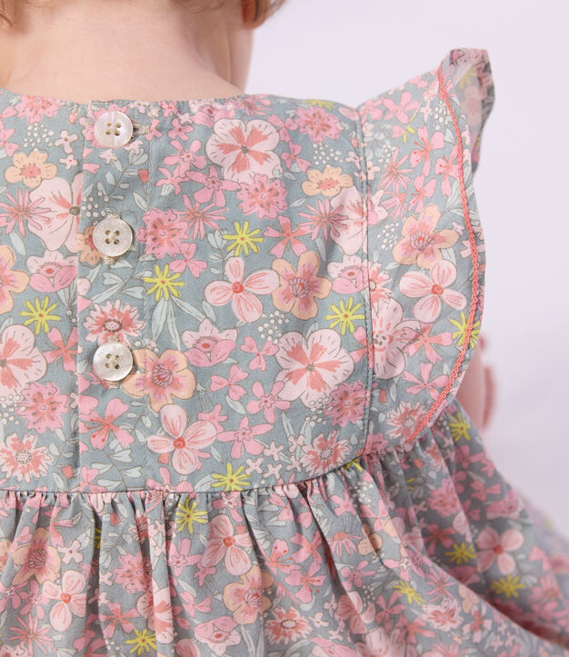 Vestido de algod&oacute;n de manga corta y pololo con estampado de flores para beb&eacute; azul/multicolor