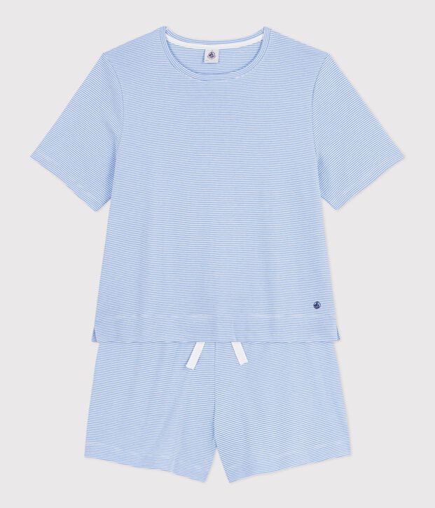 Pijama corto de algod&oacute;n a rayas para mujer azul/blanco