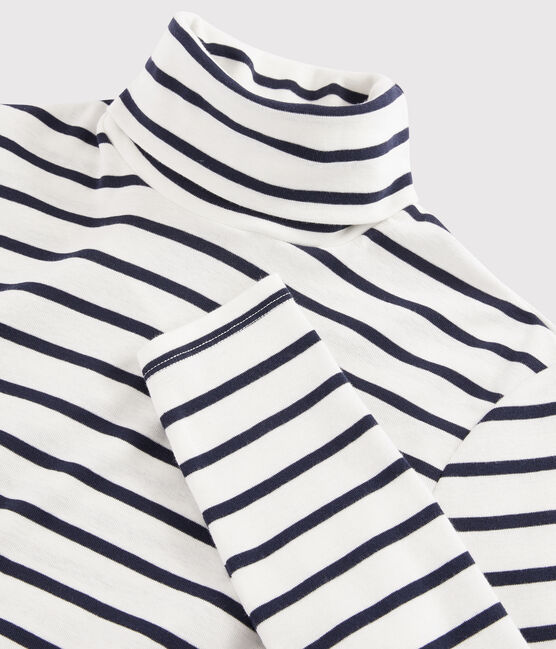 Camiseta de cuello alto emblemática de algodón de rayas de mujer blanco MARSHMALLOW/azul SMOKING