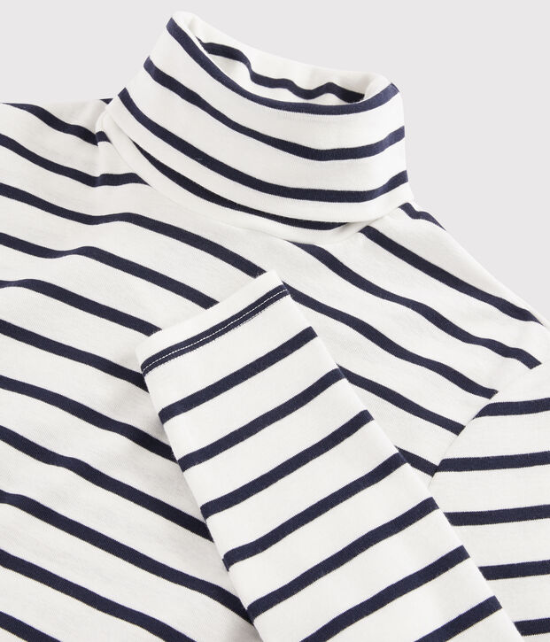 Camiseta de cuello alto emblem&aacute;tica de algod&oacute;n de rayas de mujer blanco/azul