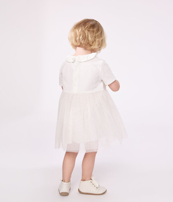 Vestido de manga corta de algodón y tul con cuello isabelino para bebé blanco MARSHMALLOW/rosa COPPER
