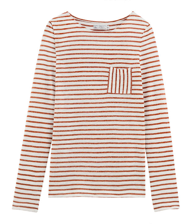 Camiseta manga larga de lino para mujer blanco/rosa