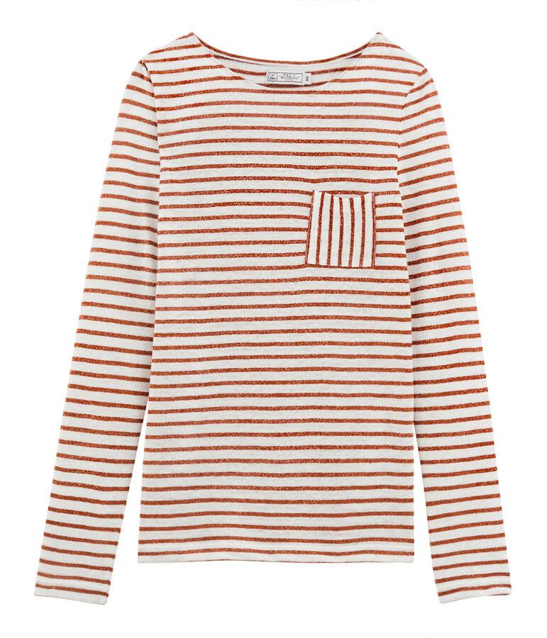 Camiseta manga larga de lino para mujer blanco MARSHMALLOW/rosa COPPER CN