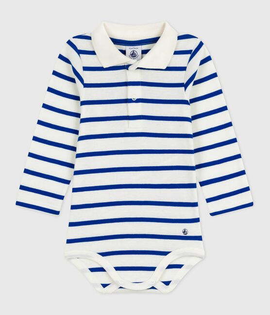 Body de algodón con cuello de polo a rayas para bebé azul MILK/ OLYMPIC