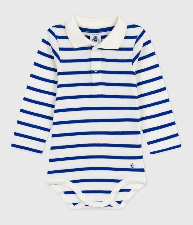 Body de algod&oacute;n con cuello de polo a rayas para beb&eacute; azul/azul