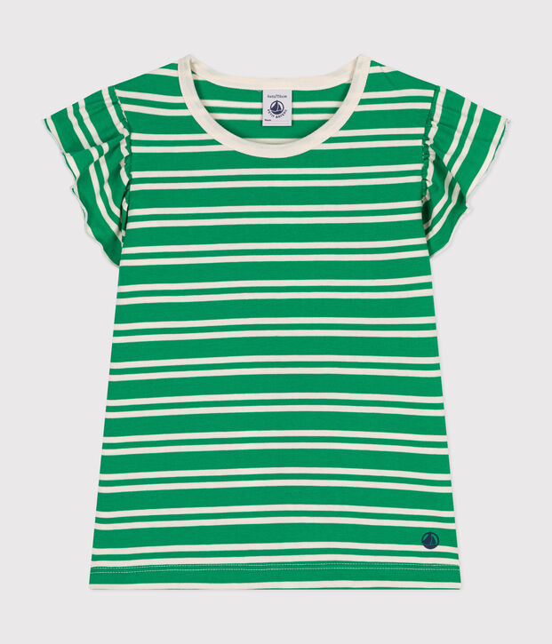 Camiseta de punto ligero a rayas para ni&ntilde;a verde/crudo