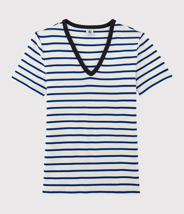 Camiseta de cuello de pico emblem&aacute;tica de algod&oacute;n de mujer blanco/azul