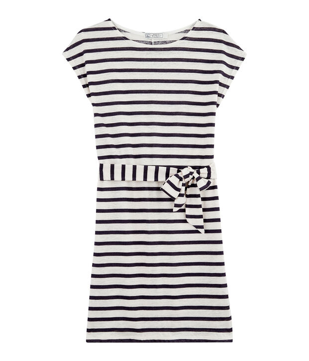 Vestido de lino de mujer blanco/azul