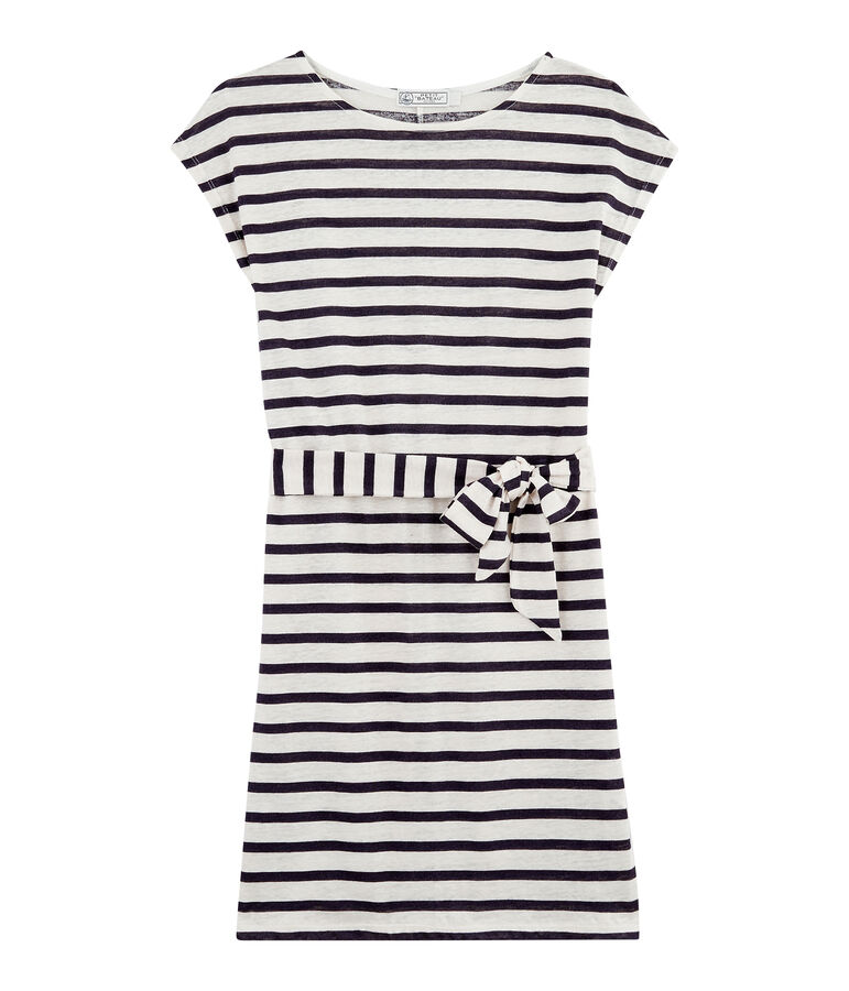 Vestido de lino de mujer blanco/azul