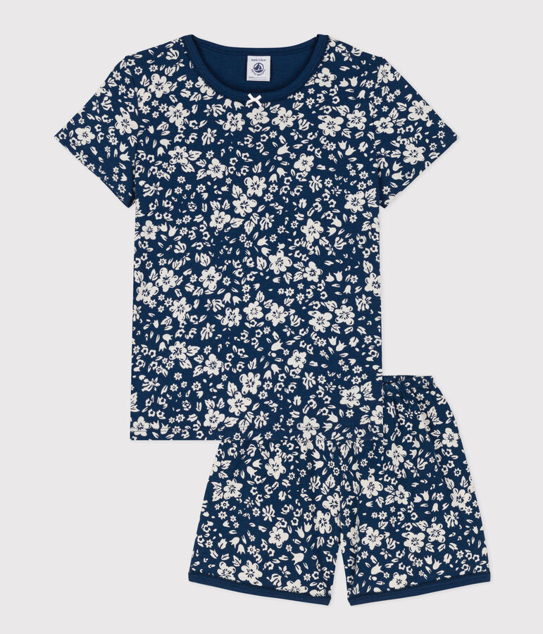 Pijama corto de algod&oacute;n con flor para ni&ntilde;a azul/blanco
