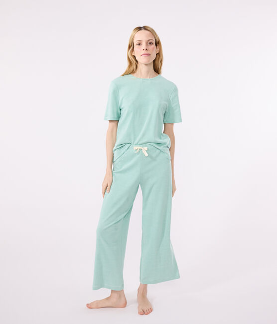 Pijama de algodón a rayas de pernera ancha para mujer verde ALOEVERA/blanco MARSHMALLOW