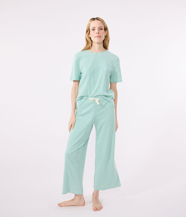 Pijama de algod&oacute;n a rayas de pernera ancha para mujer verde/blanco