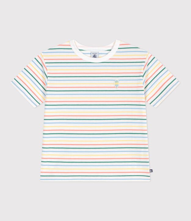 Camiseta infantil de manga corta de algod&oacute;n a rayas blanco/multicolor