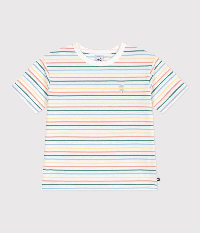 Camiseta infantil de manga corta de algod&oacute;n a rayas blanco/multicolor