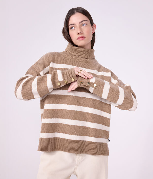 Jersey de cuello alto de lana y algod&oacute;n a rayas para mujer beige/crudo