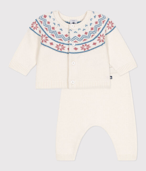 Conjunto de 2 piezas con cárdigan de jarcquard tricotado para bebé blanco MARSHMALLOW/rosa CHARME