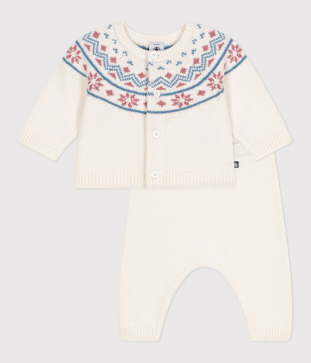 Conjunto de 2 piezas con c&aacute;rdigan de jarcquard tricotado para beb&eacute; blanco/rosa