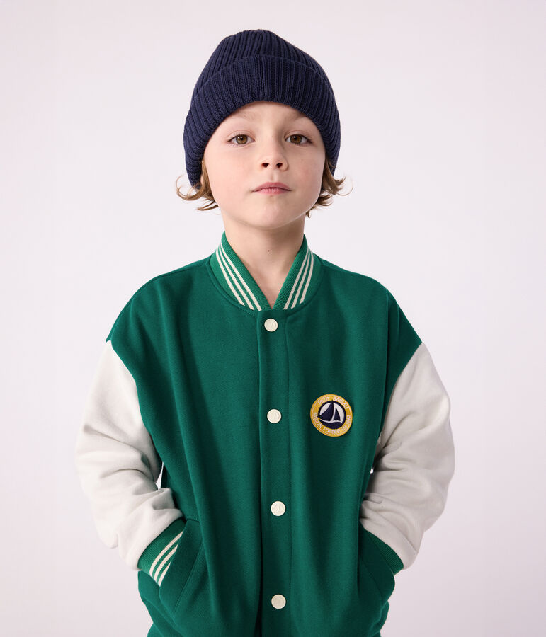 Chaqueta teddy infantil lisa de algod&oacute;n verde/crudo