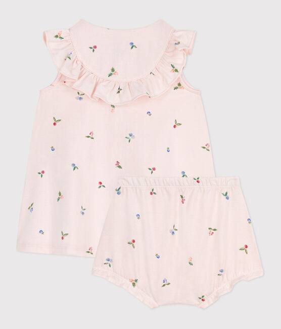 Vestido de algodón de manga corta y pololo con estampado de frutas para bebé rosa FLEUR/blanco MULTICO