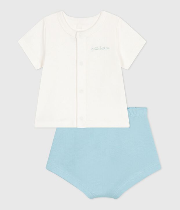 Conjunto de dos piezas de algod&oacute;n con parte inferior lisa para reci&eacute;n nacido azul/azul
