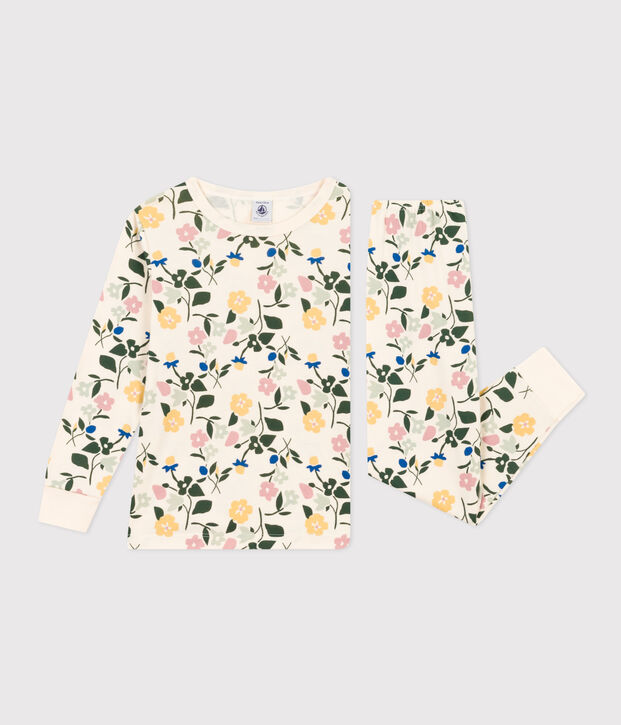 Pijama infantil de algod&oacute;n con estampado de flores crudo/multicolor