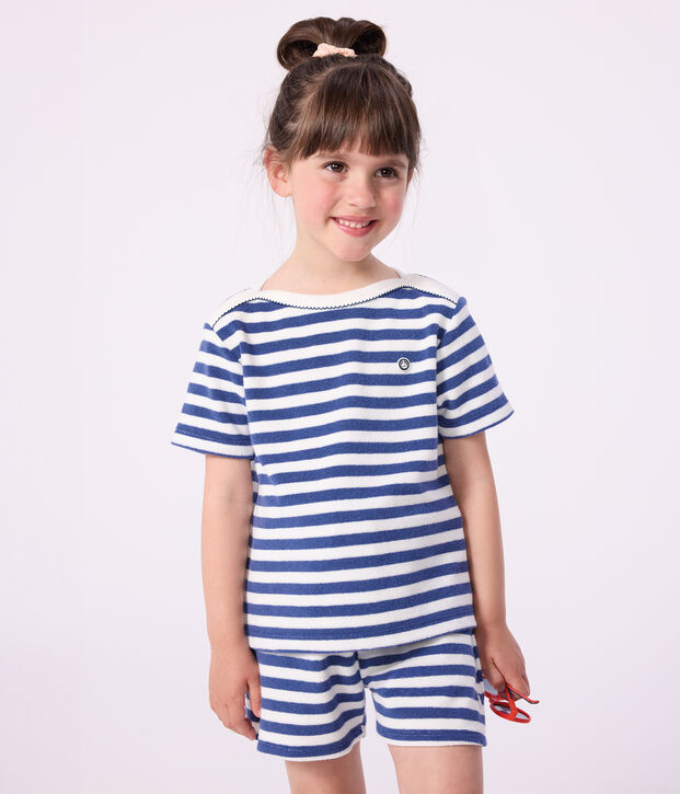 Camiseta infantil de manga corta de algod&oacute;n a rayas azul/blanco