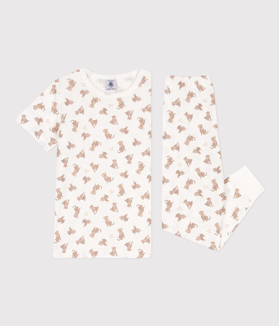 Pijama de manga corta con leopardos de algodón de niño/niña blanco MARSHMALLOW/blanco MULTICO
